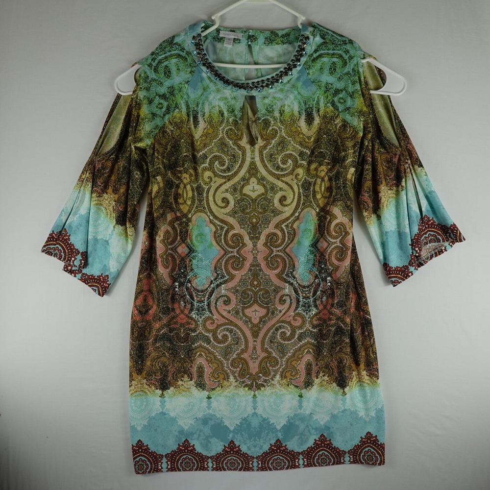 London Times Dress Womens 14 Multicolor Abstract Keyhole Fit Flare Cold Shoulder